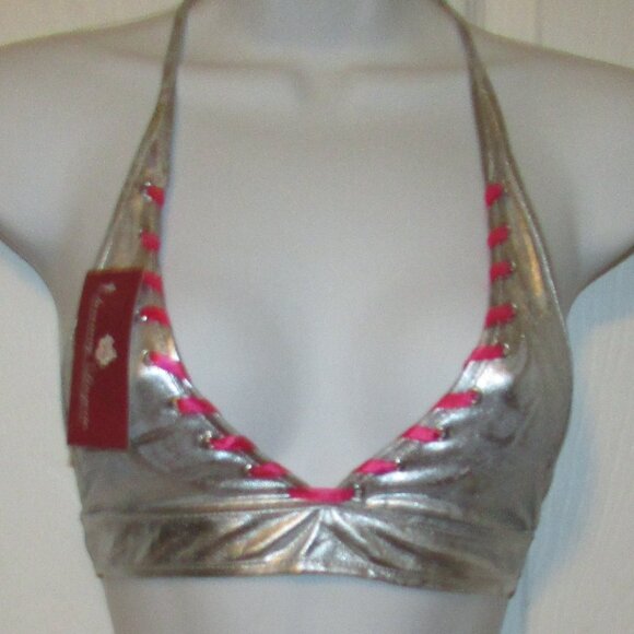 Silver Metallic and Pink Booty Shorts Bikini - NEW - Picture 3 of 10